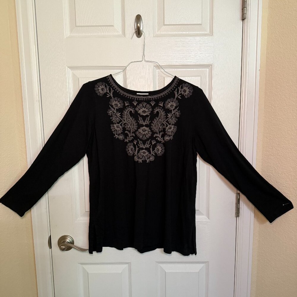 J. JILL Embroidered Black Floral Long Sleeve Top • Cotton Blend • Petite Large